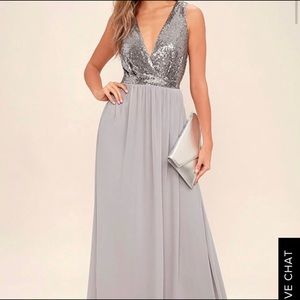 Lulu’s gray/pewter sequins and chiffon dress.